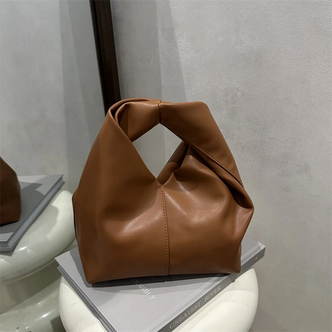 Minimalist Knot Handbag PU Leather Pleated Large Capacity Dumpling Bag Solid Color Women Commuting Casual