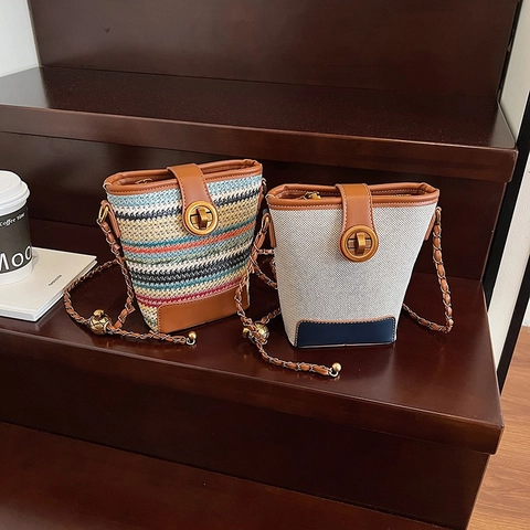 Bolso Cubo Moda Paja Tejida Lona Cuero PU Rayas Color Contraste Correa Cadena Cierre Giratorio Bolso De Mano Vintage