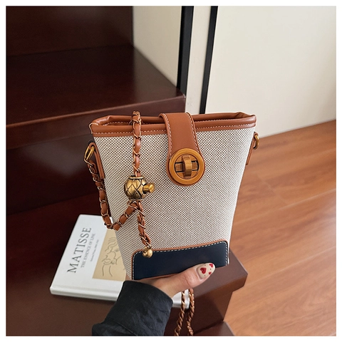 Bolso Cubo Moda Paja Tejida Lona Cuero PU Rayas Color Contraste Correa Cadena Cierre Giratorio Bolso De Mano Vintage