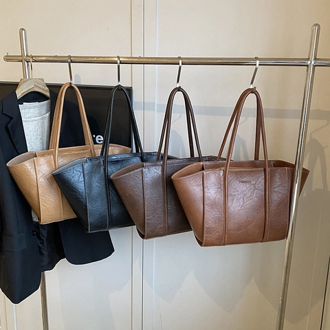 Vintage PU Leer Tote Bag Grote Capaciteit Vrouwen Woon-Werkverkeer Schoudertas Binnenzak Retro Rimpeltextuur Minimalistisch