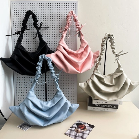 Bolso De Hombro Fruncido Para Mujer Cuero PU Gran Capacidad Bolso Axilar Plisado Moda Color Sólido Diseño Lazo Elegante Bolso Hobo