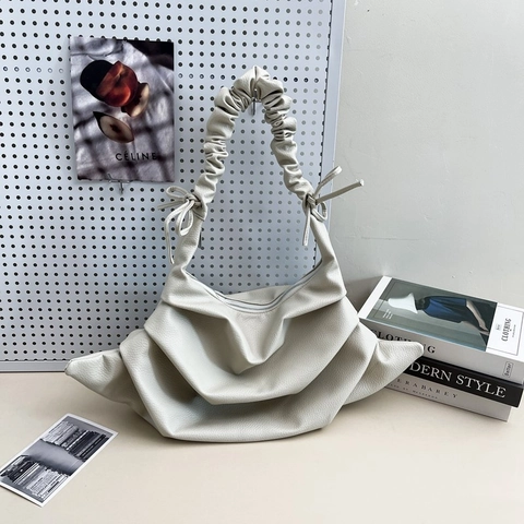 Bolso De Hombro Fruncido Para Mujer Cuero PU Gran Capacidad Bolso Axilar Plisado Moda Color Sólido Diseño Lazo Elegante Bolso Hobo