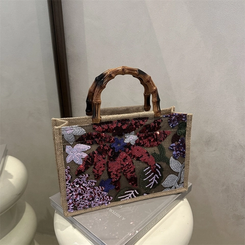 Borsa Tote In Juta Bohémien Vintage Con Manico In Bambù Ricamo Di Fiori Con Paillettes Borsa Da Vacanza Donna
