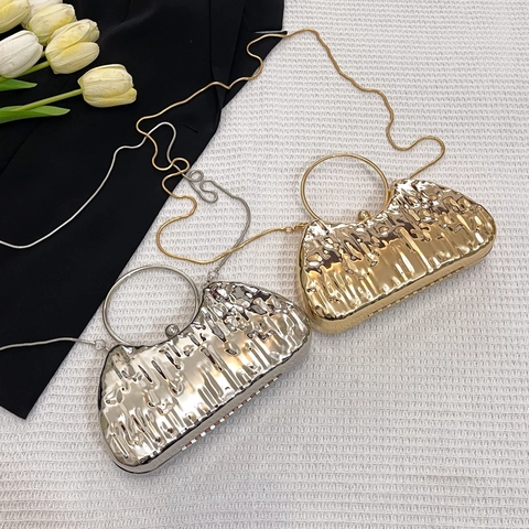 Pochette Da Sera Texture Metallica Ondulata Con Manico A Anello Rotondo E Catena Rimovibile Per Festa Matrimonio Donne Chic