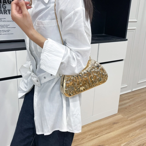 Pochette Da Sera Texture Metallica Ondulata Con Manico A Anello Rotondo E Catena Rimovibile Per Festa Matrimonio Donne Chic