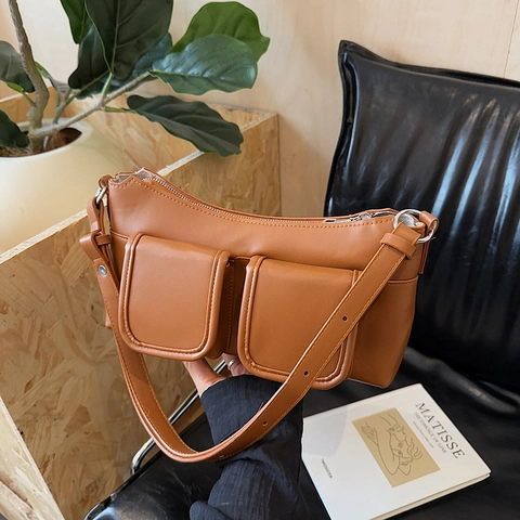 Minimalist Underarm Baguette Bag PU Leather Retro Double Pocket Shoulder Crossbody Bag For Women