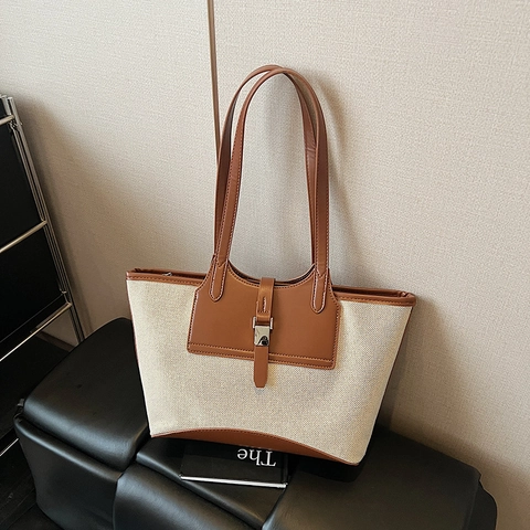 Borsa Tote Da Donna Tela Pelle PU Patchwork Grande Capacità Spalla Mano Vintage Fibbia Metallo Colore Contrasto