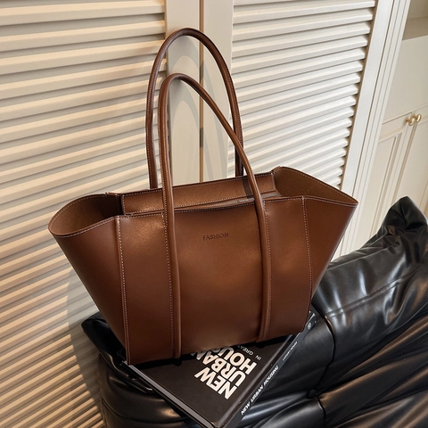Bolso Tote Retro De Cuero PU Para Mujer Gran Capacidad Bolso De Hombro Minimalista Con Costuras En Contraste Y Bolsa Interior