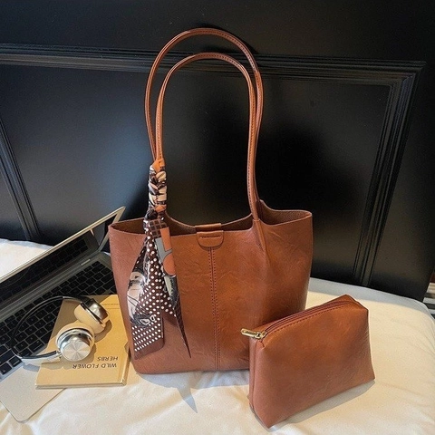 Damen PU Leder Tote Bag Große Kapazität Schultertasche Mit Schal Dekoration Und Innentasche Retro Urban Einfach