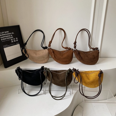 Borsa A Spalla Mezzaluna Da Donna Texture Scamosciata PU Opaca Decorazione Cinturino A Nodo Borsa A Tracolla