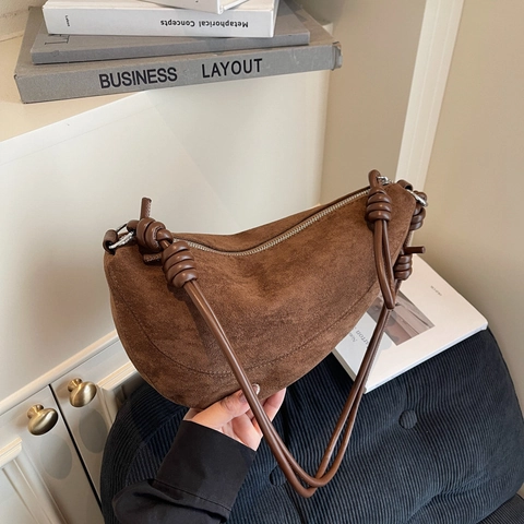 Borsa A Spalla Mezzaluna Da Donna Texture Scamosciata PU Opaca Decorazione Cinturino A Nodo Borsa A Tracolla