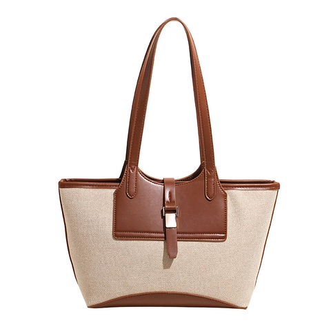 Bolso Tote Vintage De Lona Y Cuero PU Empalme Gran Capacidad Color Contraste Bolso De Hombro Para Mujer Viaje Diario