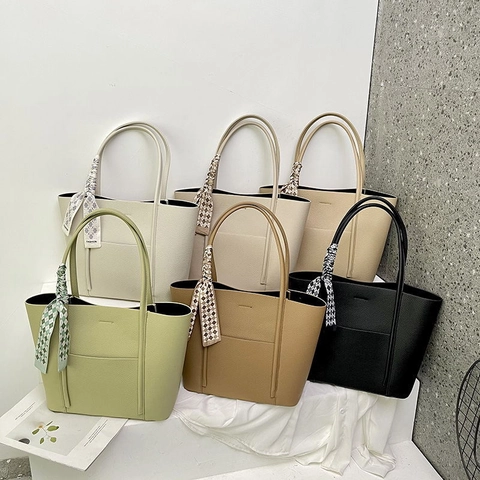 Large Capacity Tote Bag Lychee Pattern PU Leather Women Commuter Handbag With Satin Scarf Decor