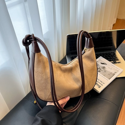Bolso De Hombro Hobo Retro Gamuza Esmerilada Y Cuero Minimalista Gran Capacidad Casual Para Mujeres