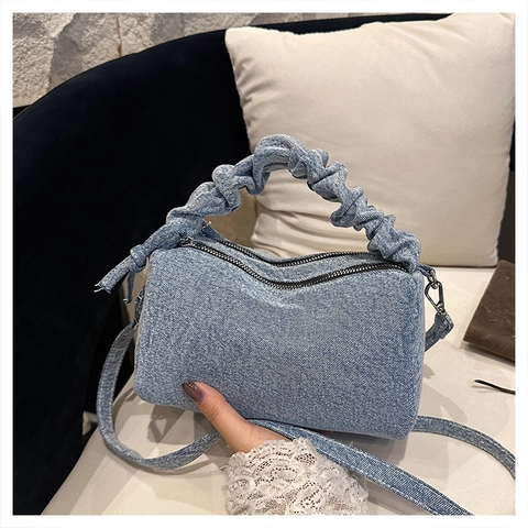 Borsa In Denim Donna Manico Arricciato Borsa A Tracolla Retro Casual Doppia Cerniera Moda Versatile Quotidiana