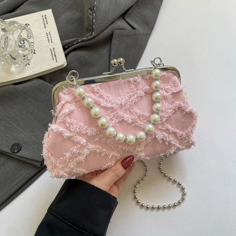 Women Retro Denim Canvas Crossbody Bag With Artificial Pearl Handle Quilted Rhombus Frayed Edge Clasp Chain Handbag