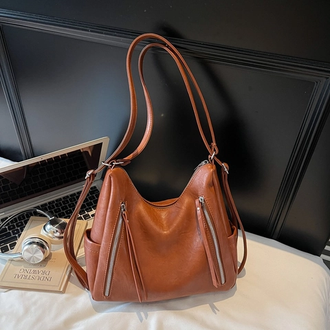 Women Soft PU Leather Hobo Bag Multi-functional Backpack Large Capacity Shoulder Crossbody Purse Decorative Zippers Retro