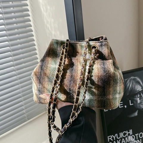 Vintage Karo Wollene Eimer Umhängetasche Für Frauen Retro Tweed Schultertasche Mit Metall Leder Kettengurt Herbst Winter