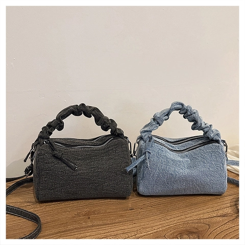 Borsa In Denim Donna Manico Arricciato Borsa A Tracolla Retro Casual Doppia Cerniera Moda Versatile Quotidiana