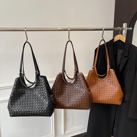 Gewebte Tragetasche PU Leder Große Kapazität Schulter Handtasche Innentasche Retro Minimalistisch Damen Büro Alltag Reise