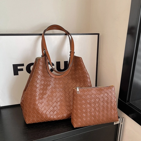 Gewebte Tragetasche PU Leder Große Kapazität Schulter Handtasche Innentasche Retro Minimalistisch Damen Büro Alltag Reise