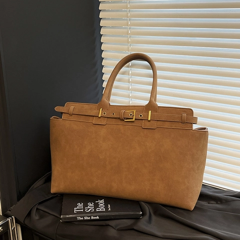 Large Capacity Women Shoulder Tote Bag Vintage Minimalist PU Leather Suede Frosted Texture Decorative Belt Gold Buckle Retro