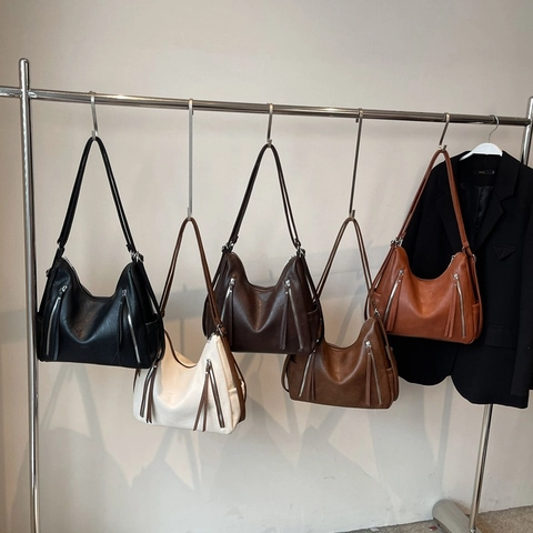 Women Soft PU Leather Hobo Bag Multi-functional Backpack Large Capacity Shoulder Crossbody Purse Decorative Zippers Retro