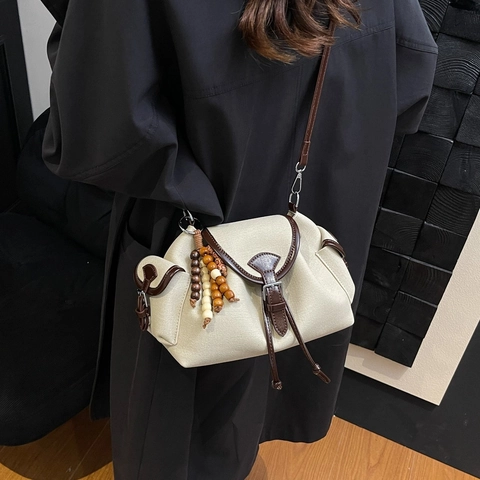 Women Vintage PU Leather Denim Fabric Crossbody Bucket Bag With Drawstring Wooden Bead Charm Fashion Single Shoulder Bag