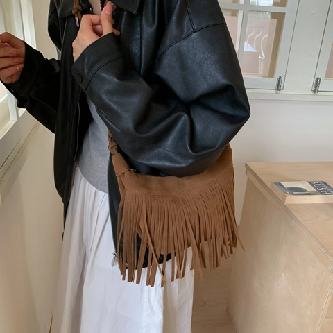 Vintage Bohemian Fransen Umhängetasche Matte Wildleder PU Halbmond Hobo Tasche Mit Quasten Dekor Für Damen Lässig Reisen