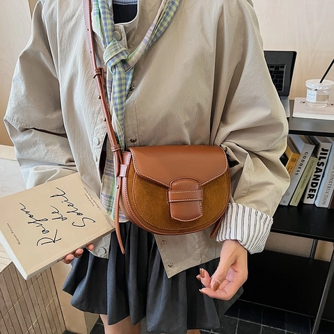Vintage Saddle Shoulder Bag For Women PU Leather Suede Patchwork Contrast Stitching Flap Crossbody Bag