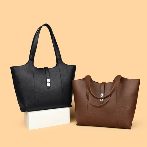 Large Capacity Tote Bag Women Lychee Grain PU Leather Silver Metal Lock Minimalist Commute Shoulder Handbag Niche Design