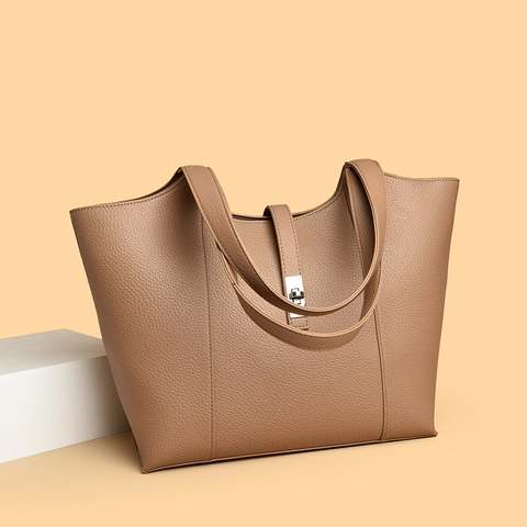 Large Capacity Tote Bag Women Lychee Grain PU Leather Silver Metal Lock Minimalist Commute Shoulder Handbag Niche Design
