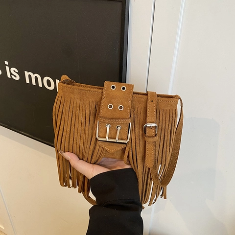Vintage Bohemian Umhängetasche Für Damen Kunstwildleder PU Lange Fransen Metallschnalle Retro Kleine Quadratische Tasche