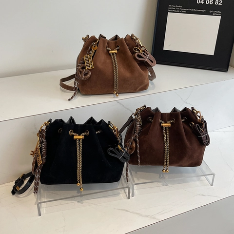 Sac Seau Rétro En Daim PU Givré Femmes Sac Épaule À Chaîne Et Cordon De Serrage Style Vintage Élégant Esthétique Niche