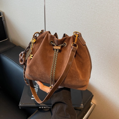 Sac Seau Rétro En Daim PU Givré Femmes Sac Épaule À Chaîne Et Cordon De Serrage Style Vintage Élégant Esthétique Niche
