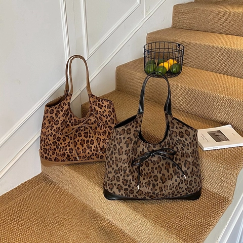 Bolso Tote Estampado Leopardo Cuero PU Ante Gran Capacidad Decoración Lazo Bolso De Hombro De Moda Para Mujer