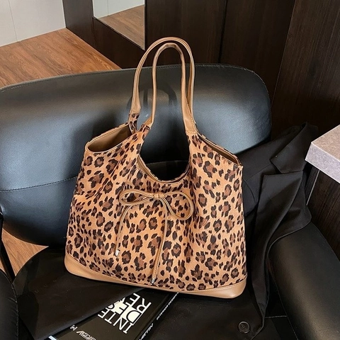 Bolso Tote Estampado Leopardo Cuero PU Ante Gran Capacidad Decoración Lazo Bolso De Hombro De Moda Para Mujer