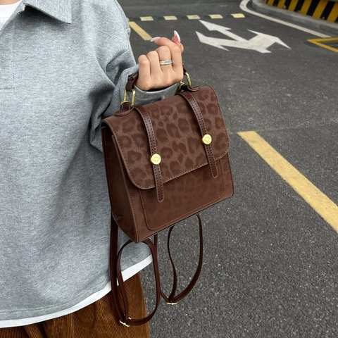 Mini Sac À Dos Vintage Imprimé Léopard Pour Femme Cuir PU Fermeture À Rabat Sac À Épaule Matériel Doré Sac À Main Multifonctionnel À La Mode