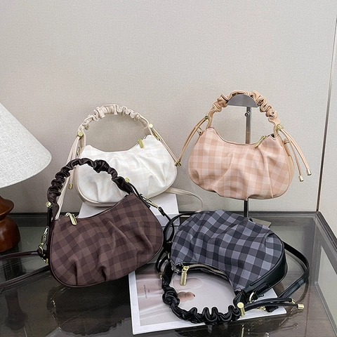 Borsa A Mano Plissettata A Quadri Pelle PU Borsa A Spalla Nuvola Con Tracolla Regolabile Grande Capacità Per Donna