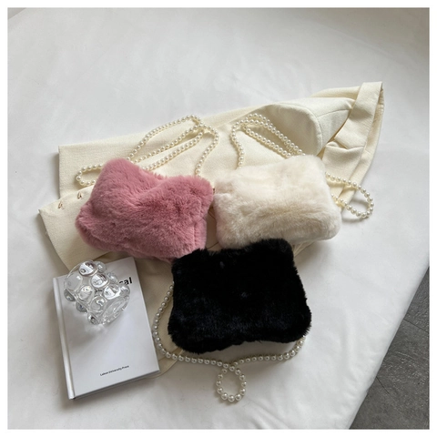 Women Faux Fur Baguette Bag With Faux Artificial Pearl Chain Strap Plush Crossbody Underarm Bag Soft Korean Style Chic Bag