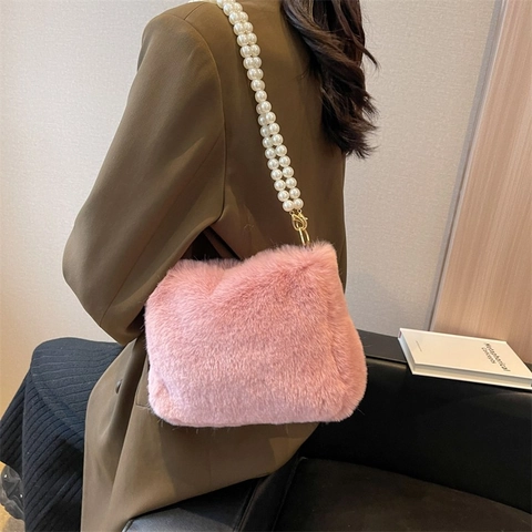 Women Faux Fur Baguette Bag With Faux Artificial Pearl Chain Strap Plush Crossbody Underarm Bag Soft Korean Style Chic Bag