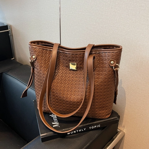 Borsa Tote In Pelle PU Intrecciata Grande Capacità Chiusura Con Zip Retrò Casual Borsa A Spalla Da Donna Quotidiana