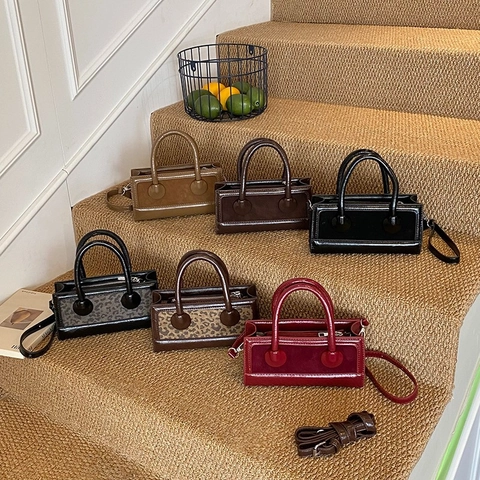 Vintage Square Crossbody Bag Leopard Print PU Leather Suede Stitching Double Handle Detachable Strap Handbag Women