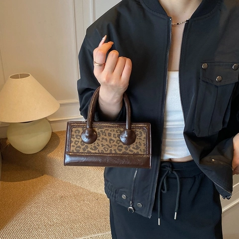 Vintage Square Crossbody Bag Leopard Print PU Leather Suede Stitching Double Handle Detachable Strap Handbag Women