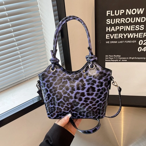Leopard Print Umhängetasche Glänzendes PU Leder Mode Knotengriff Crossbody Handtasche Für Damen Trendy Chic Alltag