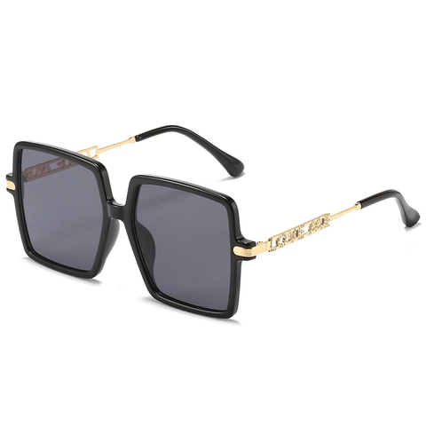 Lunettes De Soleil Carrées Surdimensionnées Monture PC Métal Branches Lettres Strass Style Rétro Rock Protection UV400