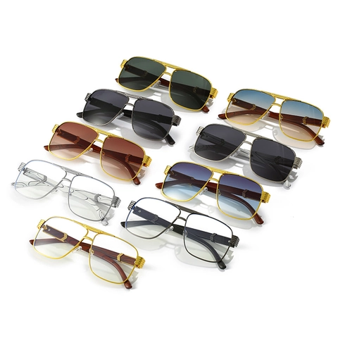 Lunettes De Soleil Carrées Monture En Métal Branches Texture Bois Double Pont Style Navigateur Protection UV400 Vintage Luxe Unisexe