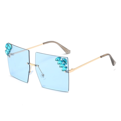 Women Rimless Oversized Square Sunglasses Metal Frame With Rhinestone UV400 Protection Gradient Lenses Fashion Eyewear