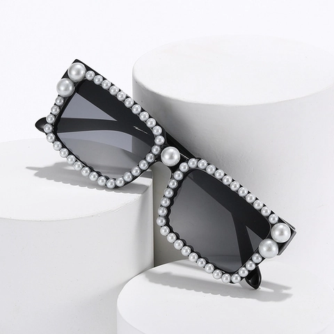 Women Square Frame Pearl Sunglasses UV400 Protection PC Lens Retro Fashion Hip Hop Party Decorative Sun Glasses Outdoor Eyewear