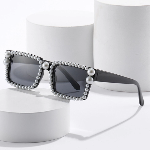 Women Square Frame Pearl Sunglasses UV400 Protection PC Lens Retro Fashion Hip Hop Party Decorative Sun Glasses Outdoor Eyewear